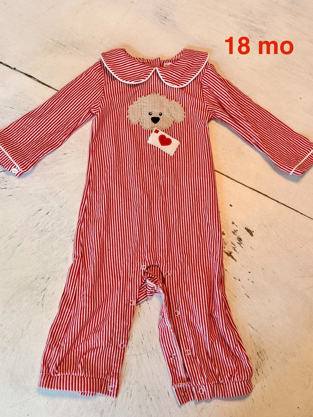 Striped Red & White Puppy Appliqué One-Piece  - 18 Months